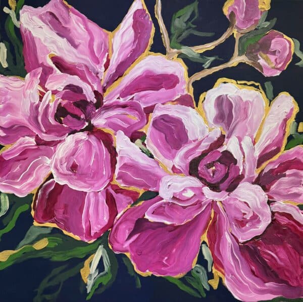 Rose pink peonies on a dark navy background by Australian artist Maggie Deall.