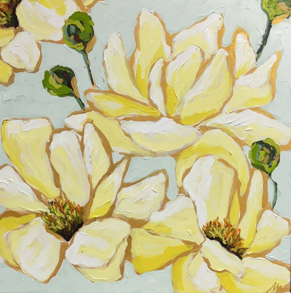 Happy yellow peonies with a mint green background by artist Maggie Deall.
