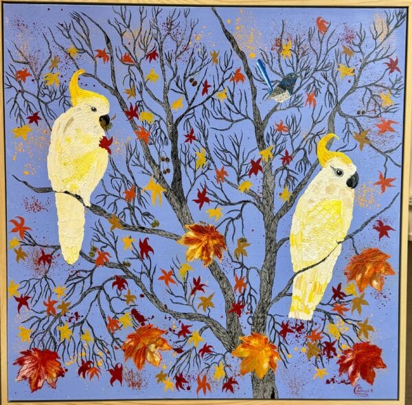 Cockatoos in autumn leaves | Original art on canvas by Deborah Carroll