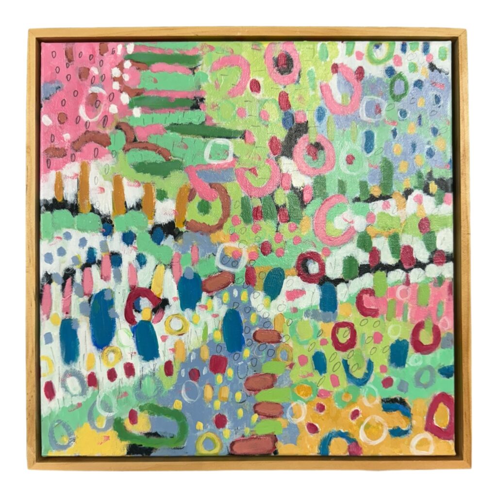 Quirky and fun this little abstract features all the colours of Liilia Lukianeko's garden with a modern twist! Float framed in pine and ready to hang 32cm x 32cm.