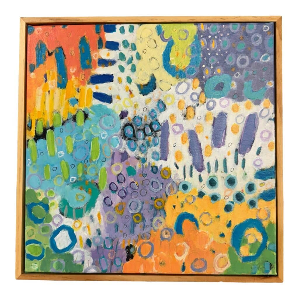 Quirky and fun this little abstract features all the colours of Liilia Lukianeko's garden with a modern twist! Float framed in pine and ready to hang 32cm x 32cm.