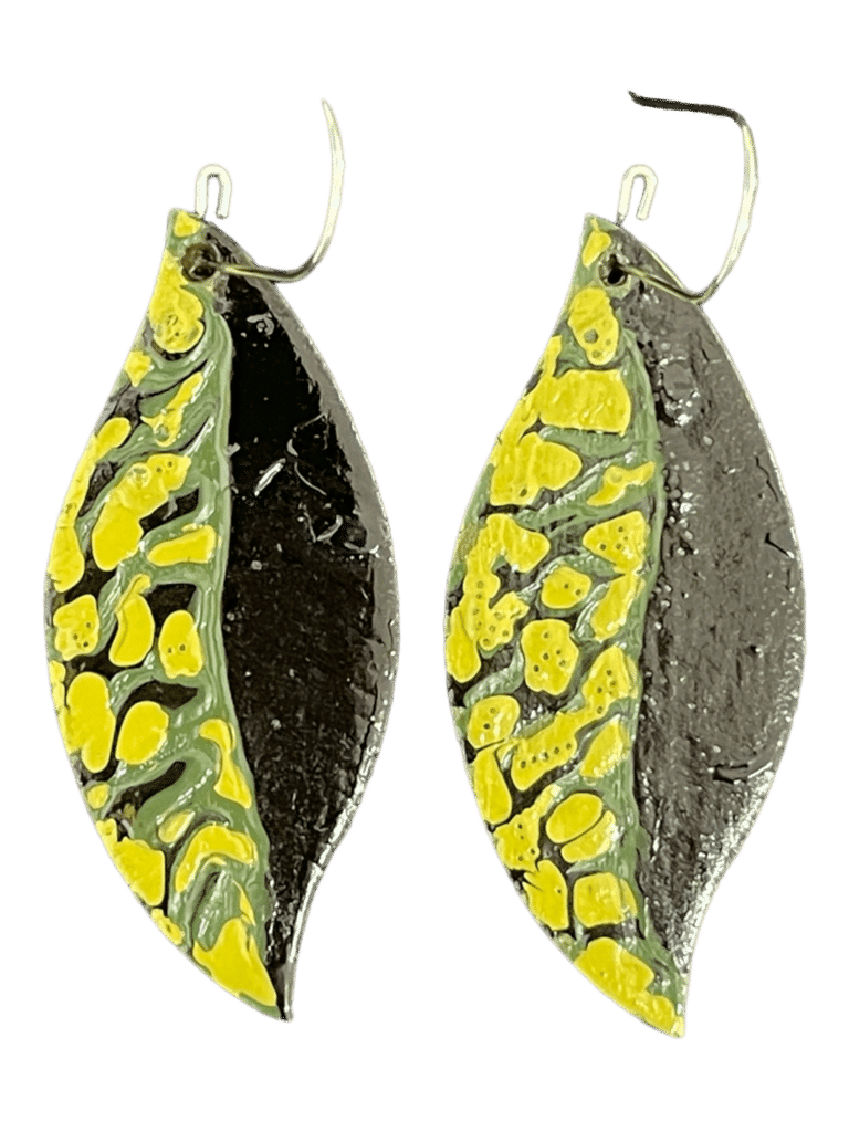 Super cute, hand painted earrings by Australian artist Dinah Lindon featuring her recognisable, Australian bush inspired palette. Light on the ears, hand painted wood with stainless hooks.