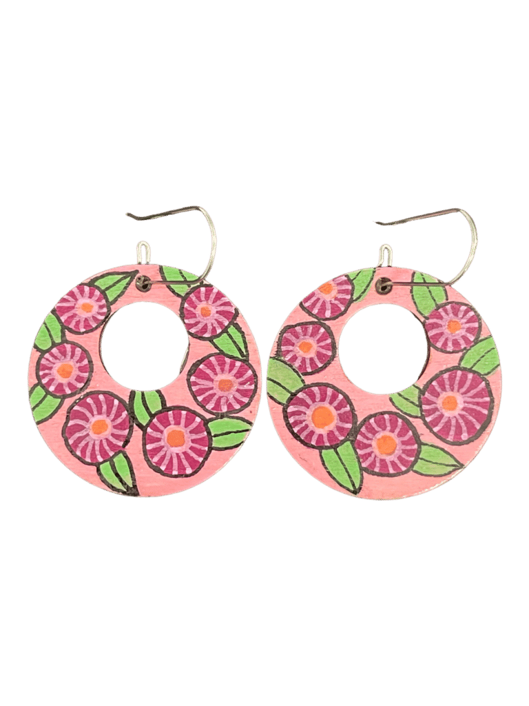 Super cute, hand painted earrings by Australian artist Dinah Lindon featuring her recognisable, Australian bush inspired palette. Light on the ears, hand painted wood with stainless hooks.