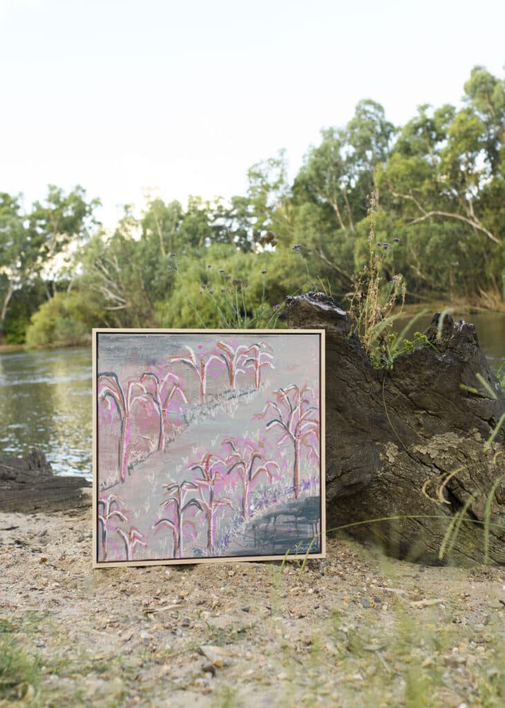 Experience the serene beauty of "And I Wondered, What's Beyond?" by Wiradjuri artist Amanda Hinkelmann. This piece from the "Paradaisical" collection captures the tranquil light of dawn. Perfect for adding a touch of serenity to any space.