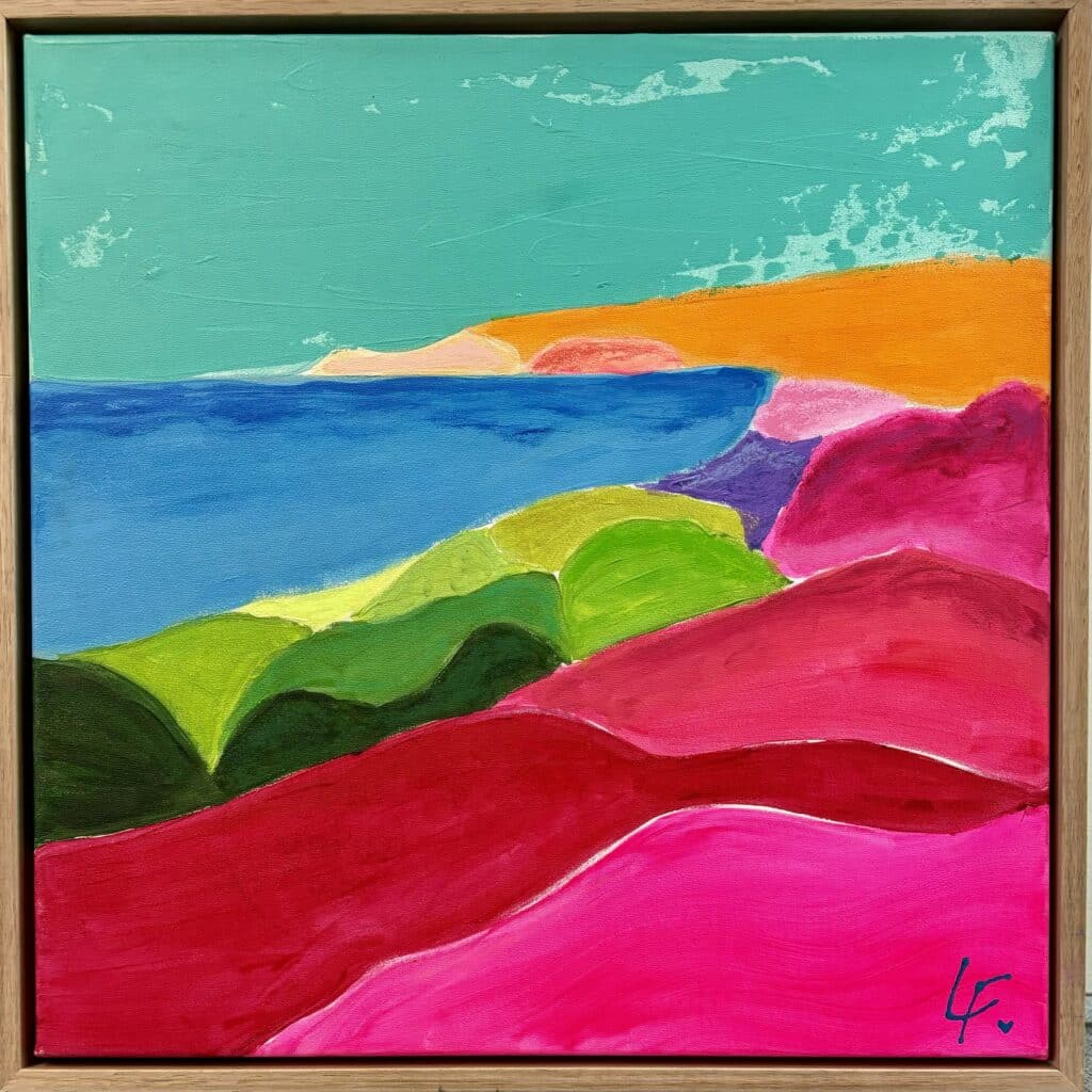 Experience the harmony of Lindy Farley's "East Meets West." This abstract landscape blends vibrant colors and flowing lines, float framed in oak, perfect for adding artistic charm to your home.