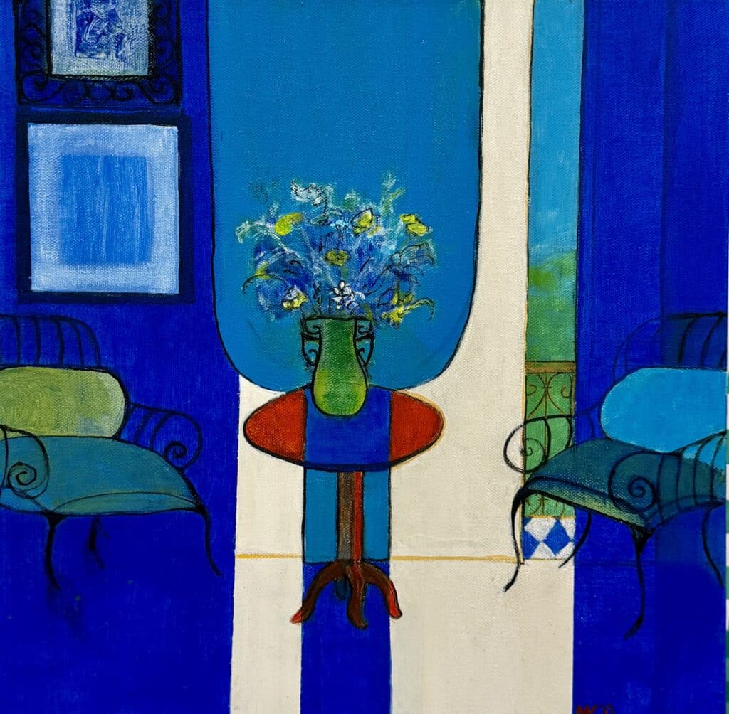 Discover the serene beauty of "Mediterranean Blue" by Australian artist Maryanne Khan. This stunning painting captures the essence of a Mediterranean interior with vibrant hues of blue and green, perfect for enhancing any living space or art collection.
