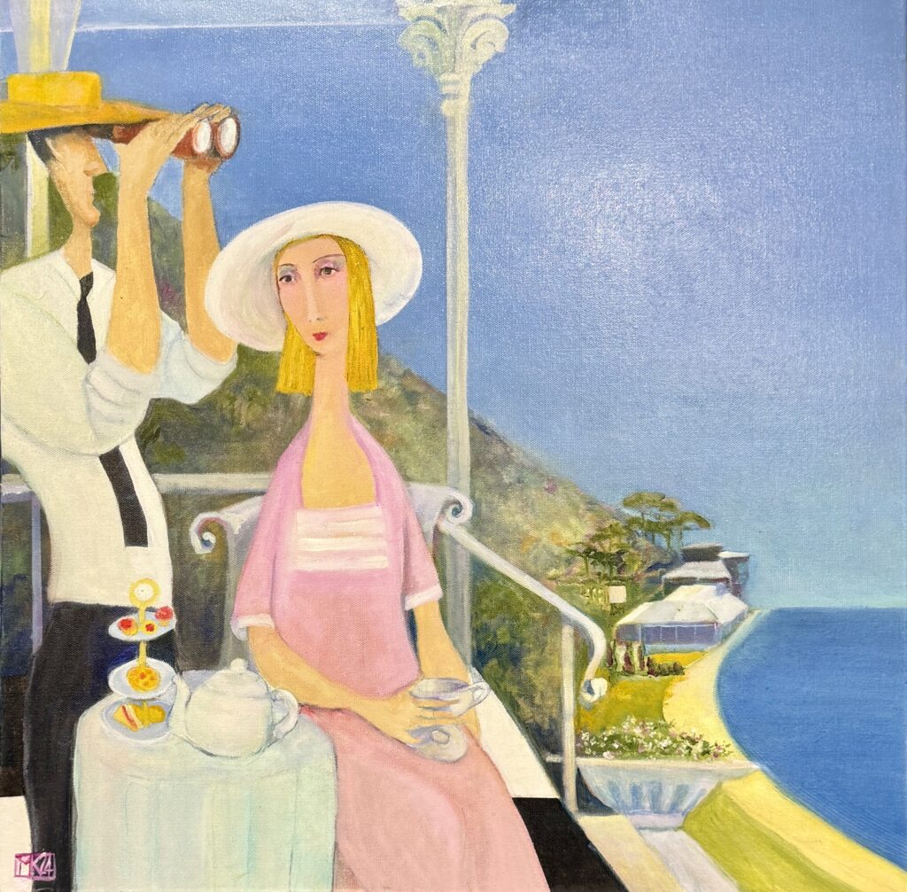 Add a touch of elegance to your space with "Tea with a View" by Australian artist Maryanne Khan. This enchanting painting features a stylish couple enjoying afternoon tea on a seaside veranda, perfect for enhancing any decor.