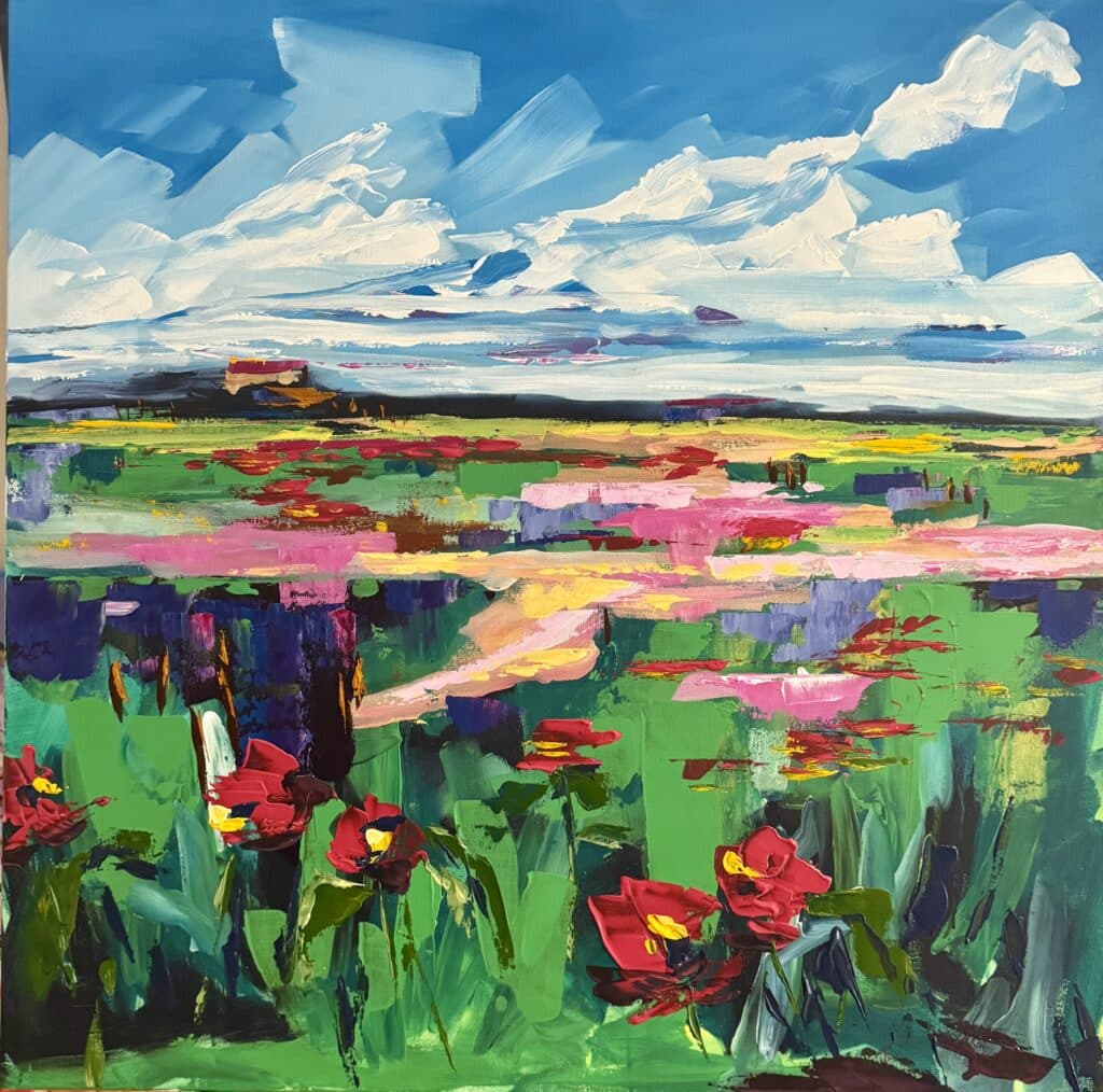 Experience the vibrant beauty of "Champs de Coquelicots" by Maggie Deall, the first piece in her "Memories of France" collection, float framed and ready to hang. This enchanting painting features a lively poppy field under a brilliant blue sky, perfect for adding a touch of joy and color to any space.