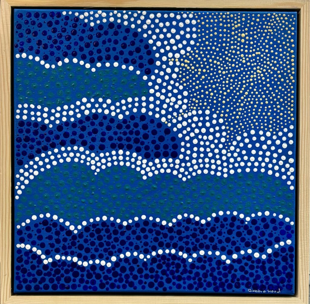 Experience the rhythmic serenity of "Beach Life," an evocative acrylic on canvas by Gomeroi artist Debbie Wood, from her "The NAIDOC Collection." This float-framed artwork captures the essence of coastal living and cultural storytelling.