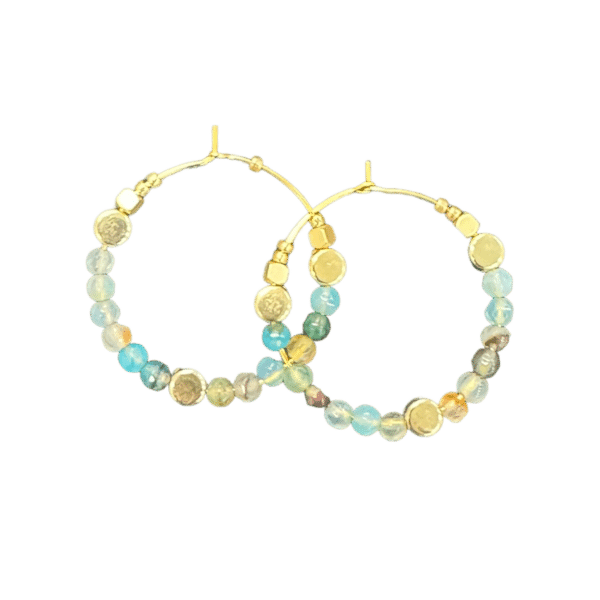 Discover the Ocean's Whisper earrings by Maggie Deall, featuring soft blue and green beads with golden accents. Perfect for adding a touch of coastal elegance to any outfit.