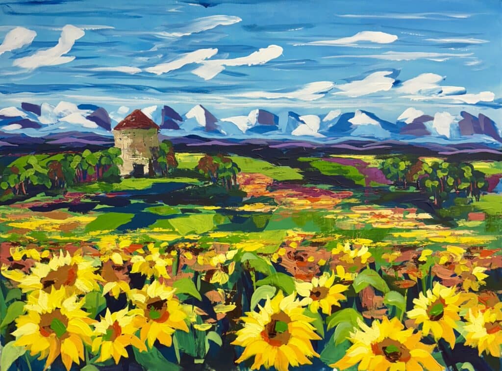 Bring home the serene beauty of Les tournesols et les Pyrénées by Maggie Deall. Part of the 'Memories of France' collection, this oak-framed artwork captures a vibrant sunflower field with the Pyrenees in the background, perfect for any decor.