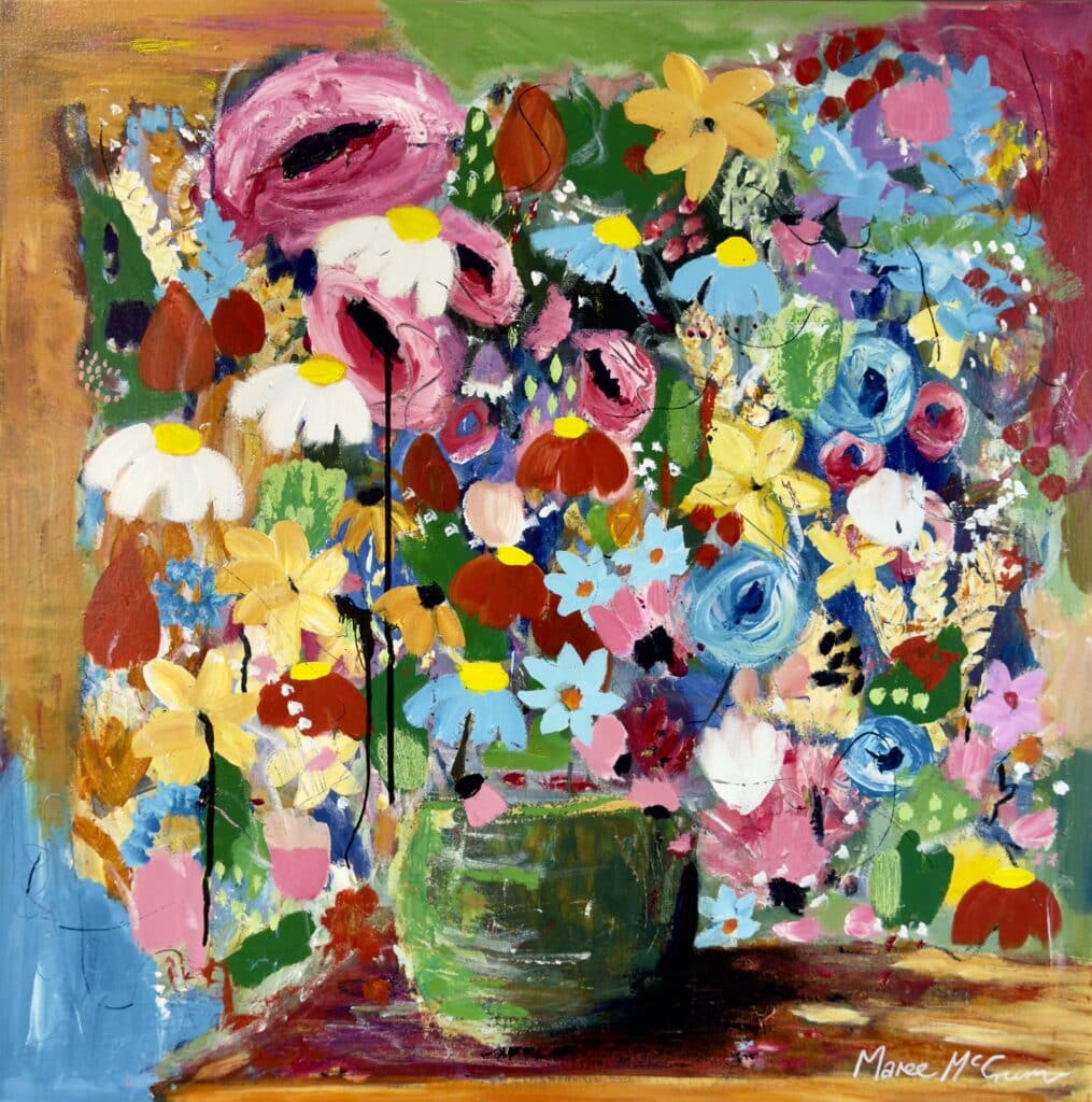 Bring the beauty of nature indoors with Maree McCrum's "Flowers on the Table," a vibrant mixed media artwork perfect for adding life and color to any space.