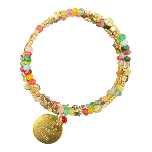 Inspire your aspirations with the handmade "Live Your Dream" memory wire bracelet, featuring multicolored gemstones, crystals, and a gold-plated charm. A vibrant accessory for dreamers.