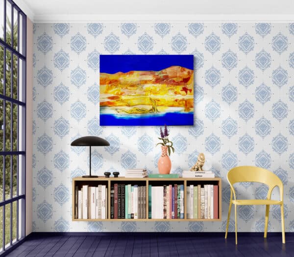 Discover "Reflections" by Maryanne Khan, an abstract depiction of Australia's outback, featuring vibrant earth tones and a striking cobalt sky. Perfect for adding a bold statement to any space.