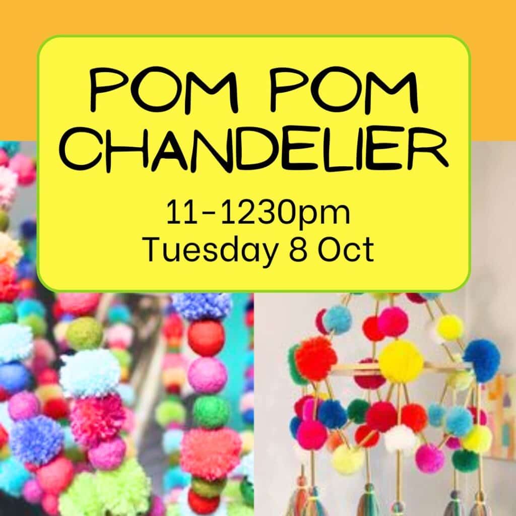 Let your child get creative with colour in our Pom Pom Chandelier Workshop! Perfect for ages 4+, all materials, snack, and drink included.