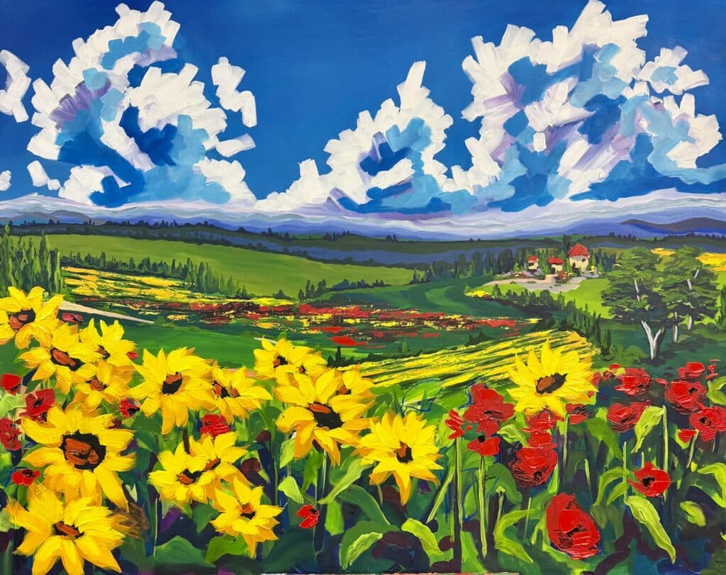 Explore Maggie Deall’s Champs de fleurs, a vibrant artwork from her Memories of France collection. This piece captures the beauty of Provence with sunflowers, poppies, and rolling fields under a brilliant sky. Bring the charm of the French countryside into your home with this stunning masterpiece.