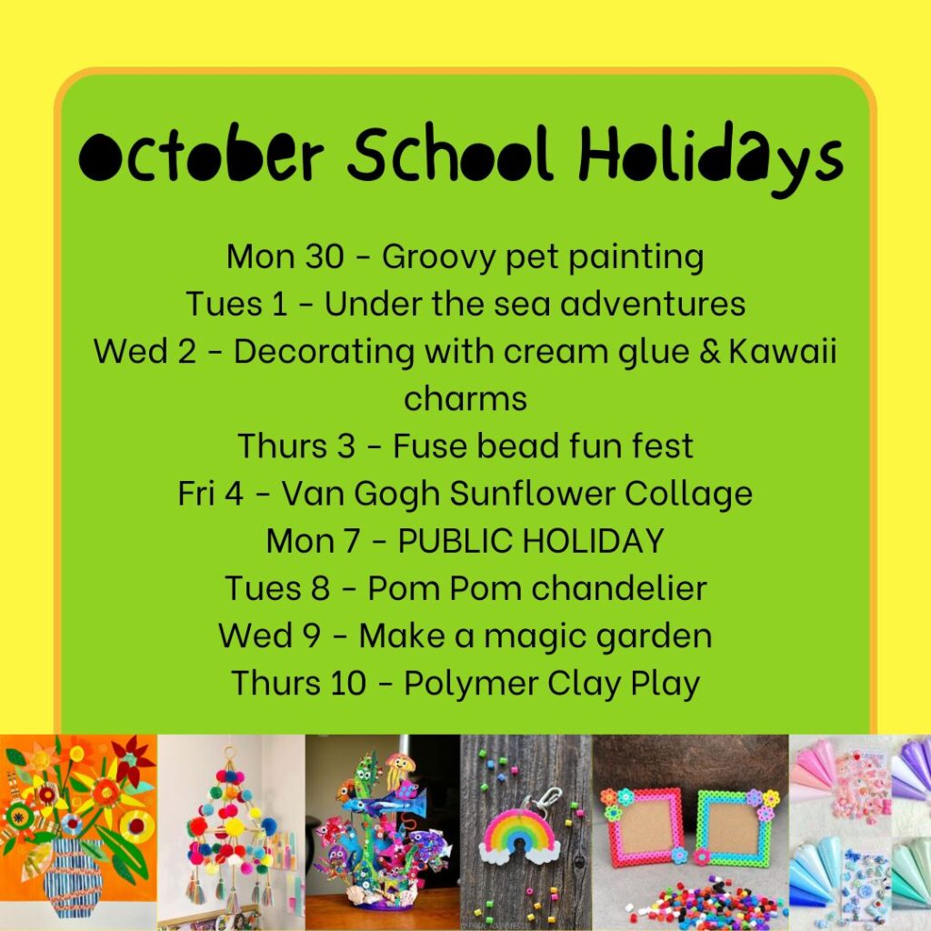 Join The Little Yellow House Gallery & Studio for fun October 2024 school holiday workshops, perfect for ages 4+. $40 per child, all materials, snack, and drink included.