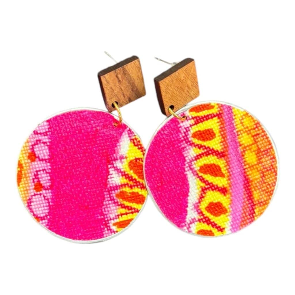 Celebrate colour with Pink Carnival earrings by Lindy Farley – eco-friendly, hand-painted, and made from upcycled coffee pods.