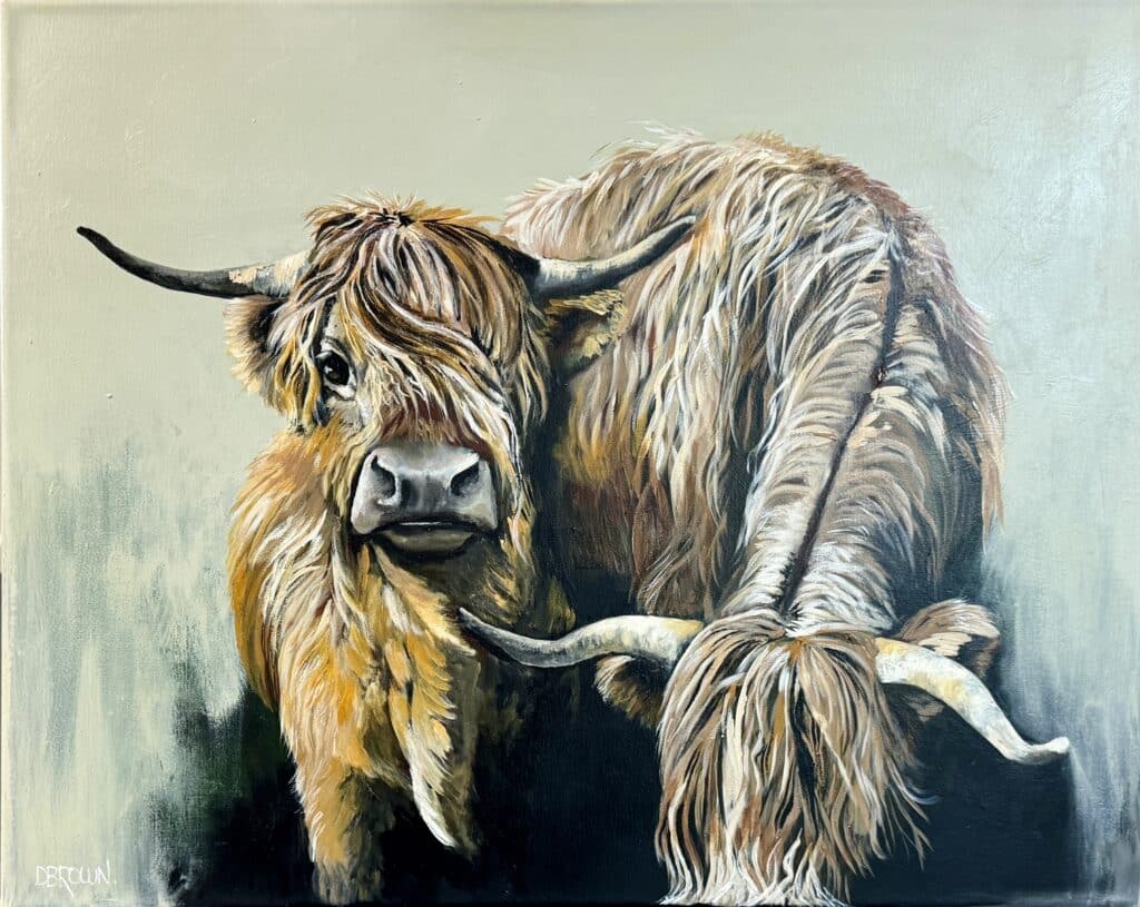 Bonnie and Tyler by Donna Brown captures the charming presence of Highland cattle in a detailed, textured portrayal that evokes rural beauty.