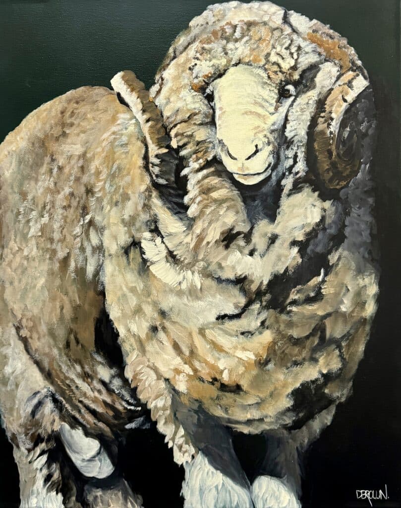 Murray by Donna Brown is a powerful portrayal of an Australian Merino ram, celebrating its strength and significance in farming culture.