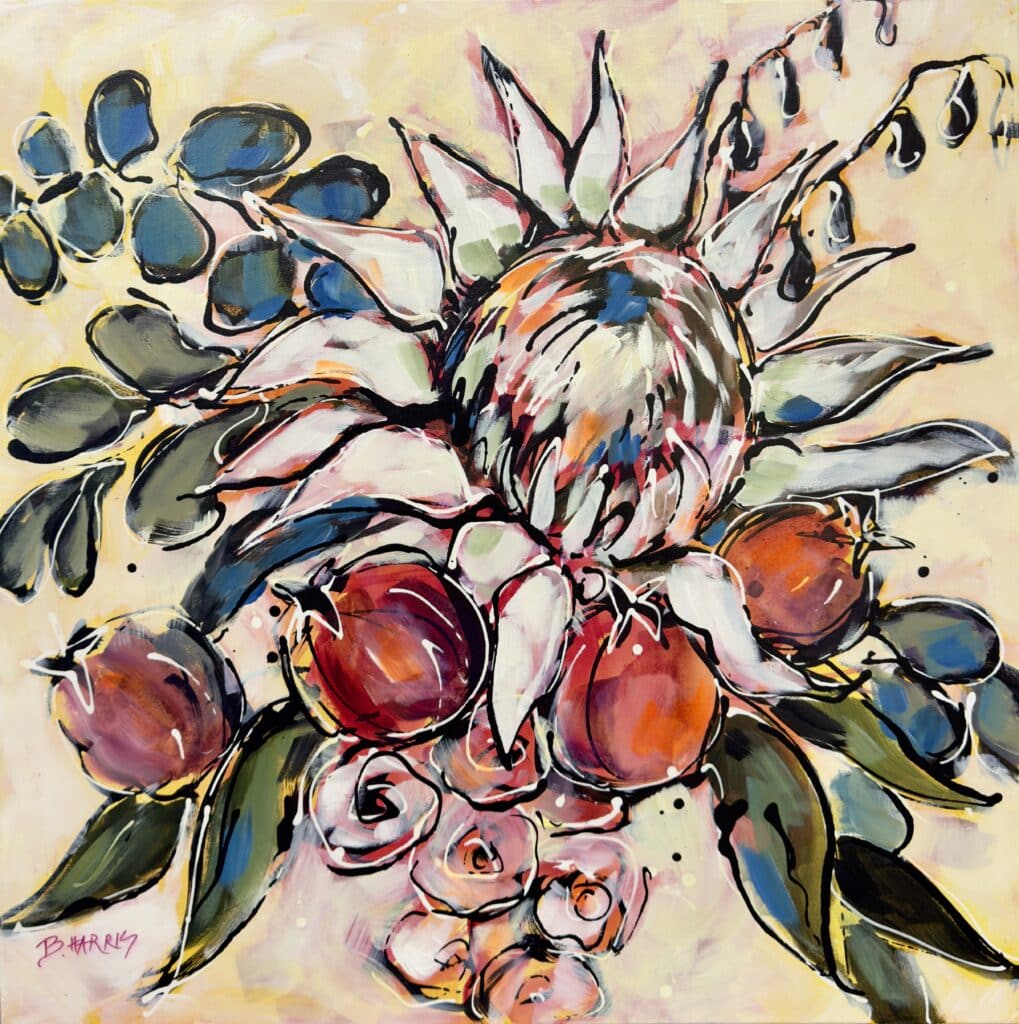 "White Waratah" by Bev Harris is a 79cm x 79cm acrylic painting celebrating the beauty of native flora, float-framed in wood.