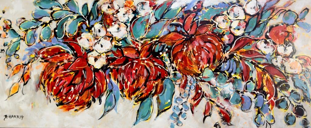 “Waratahs” by Bev Harris is a vibrant 124cm x 53cm acrylic painting on canvas that celebrates the beauty of Australian flora, float-framed in wood.