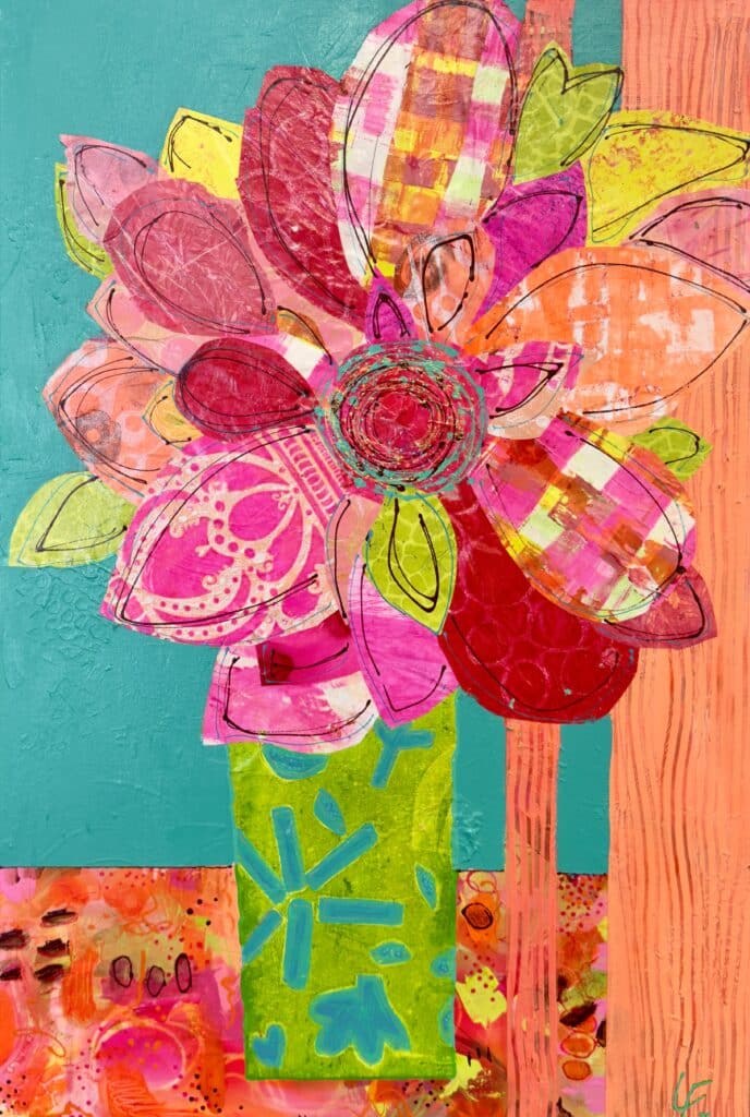 Bring the vitality of nature indoors with Lindy Farley’s Petals Aglow, a 60cm x 90cm mixed media artwork float framed in hardwood.