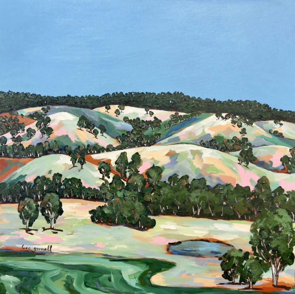 "The Flats" by Rebecca Gornall captures the expansive beauty of rolling Australian farmlands with vibrant greens and soft pastel hues.