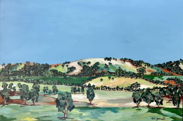 : "Country Escape" by Rebecca Gornall (60cm x 90cm, Acrylic on Canvas) captures the serene beauty of the rolling Australian countryside under vast blue skies.