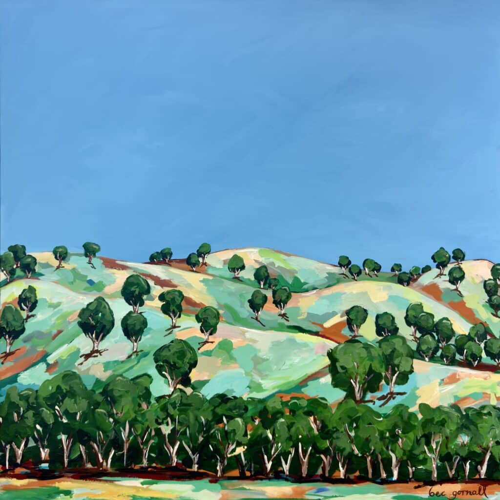 "The River Bed" by Rebecca Gornall captures the vibrant beauty of Australia's riverbanks with lush greenery and eucalyptus trees.