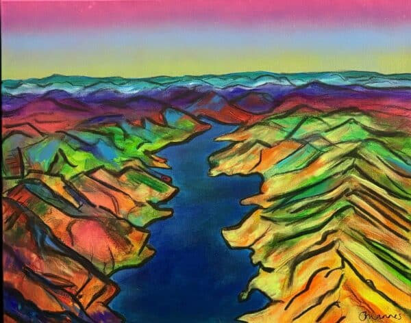 Talbingo Dam (52cm x 41cm) by Bridgette Mannes is a vibrant acrylic and charcoal landscape, float framed in black, celebrating the beauty of Talbingo Dam.