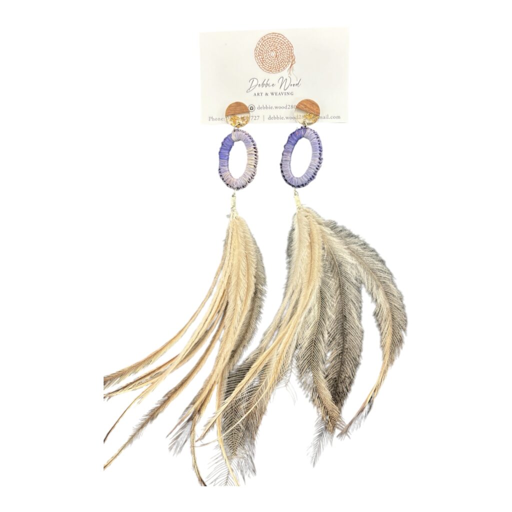 Step into elegance with Debbie Wood's "Twilight Dream" earrings, handwoven with raffia and featuring ethically sourced emu feathers. Unique and lightweight!