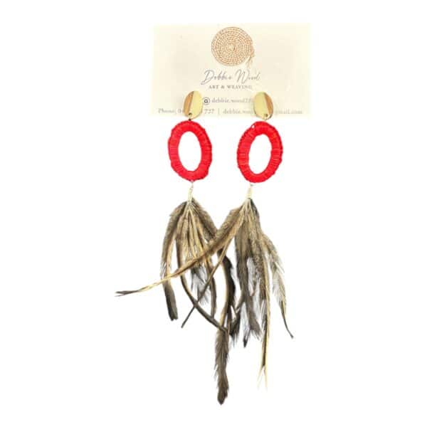 Ignite your style with Debbie Wood's "Ember Spirit" earrings, handwoven with bold red raffia and featuring ethically sourced emu feathers. Bold and eye-catching!