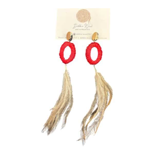 Add bold elegance to your wardrobe with Debbie Wood's "Scarlet Flame" earrings, handwoven in red raffia and adorned with ethically sourced emu feathers. Bold and fierce!