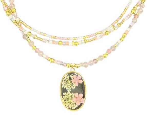 Blossoming Meadow necklace by Art in Stone Jewellery – a handcrafted, floral-inspired piece with pink and green stones for a natural, elegant style.