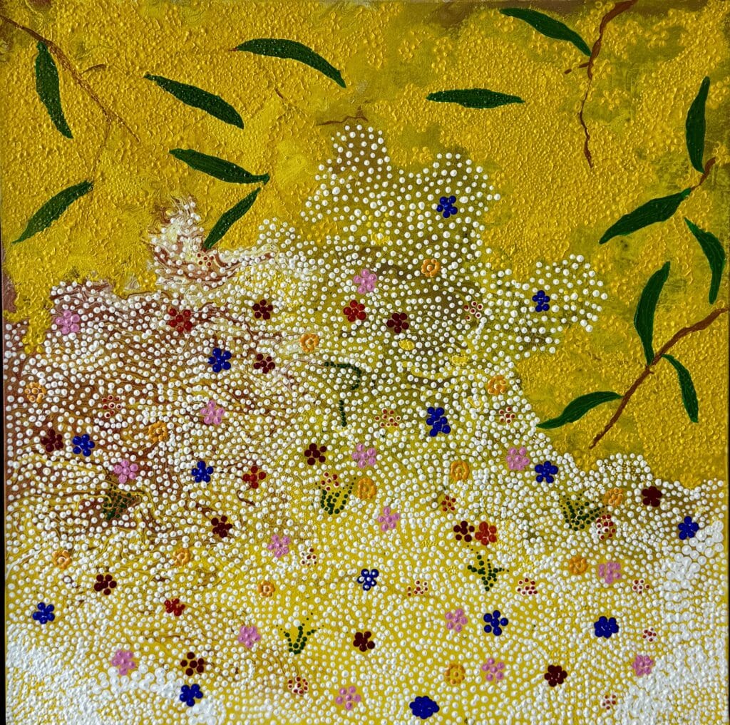 Celebrate the beauty of Australia’s native flora with Amongst the Wattle by Gomeroi artist Debbie Wood. Float framed, 64cm x 64cm, vibrant and timeless.