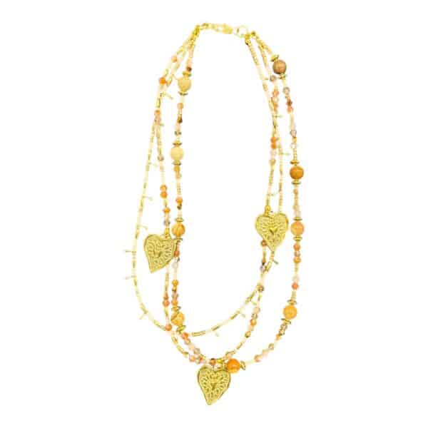 Heart of Gold necklace – a handcrafted, unique piece by Art in Stone Jewellery with golden heart charms and warm amber accents, perfect for a loving touch.