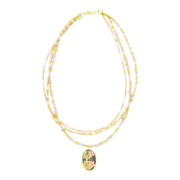 Blossoming Meadow necklace by Art in Stone Jewellery – a handcrafted, floral-inspired piece with pink and green stones for a natural, elegant style.